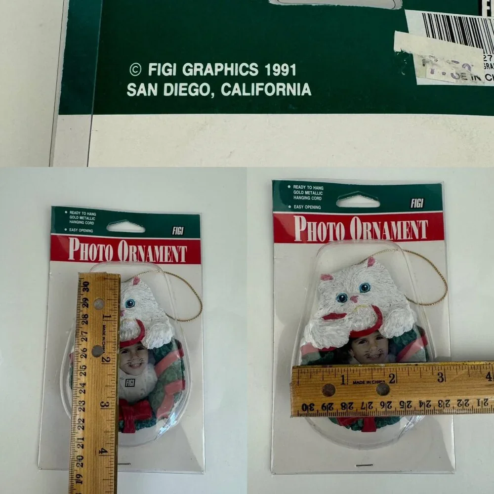 Vtg 1991 Figi Christmas Holiday Photo‎ Ornament White Cat Green Wreath Round NIP